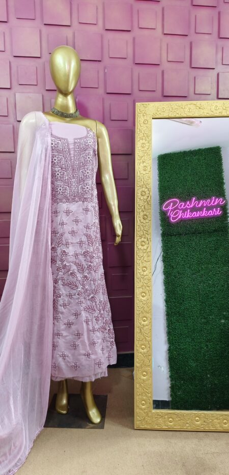 Onion Pink Chikankari Unstitched Dual Tone 3 Piece Suit Length