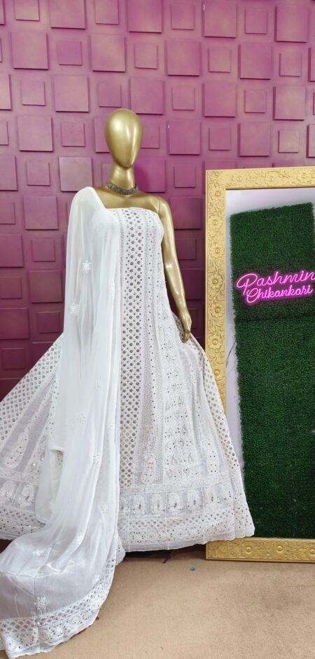 Chikankari Viscose Anarkali Dyeable Gown With Ring Tikki Mukaish Suit Length