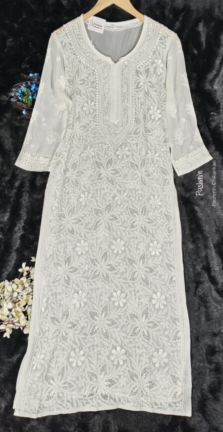 White Chikankari Viscose Kurta With Heavy Mukaish Work