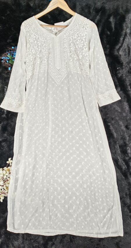 White Chikankari Muslin Kurta With Keel Kangan Work