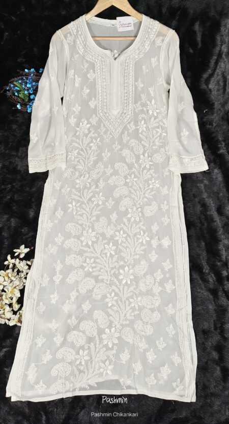 White Chikankari Viscose Kurta With Heavy Bel Work