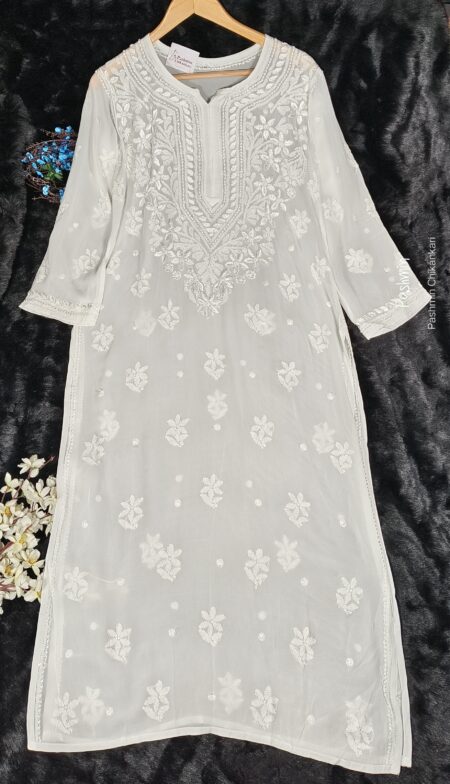 White Chikankari Viscose Neck Boota Kurta