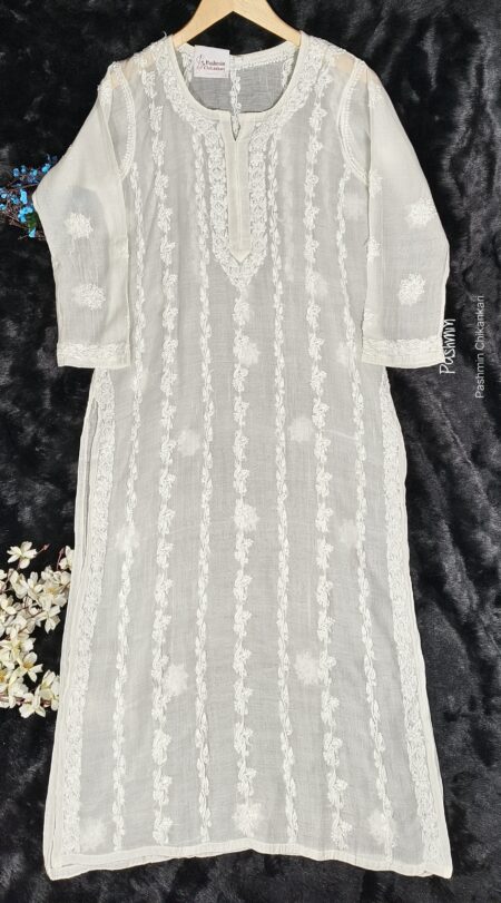 White Chikankari MulChanderi Kurta With Straight Bel