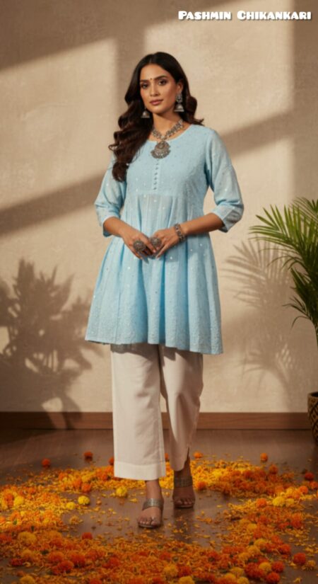 Chikankari Muslin Banarasi Weave 18 Kali Peplum Top