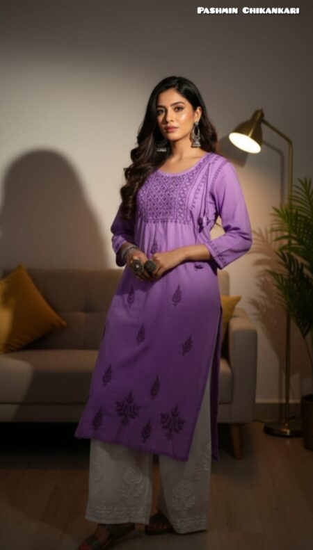 Purple Chikankari Cotton Angrakha Style Kurta