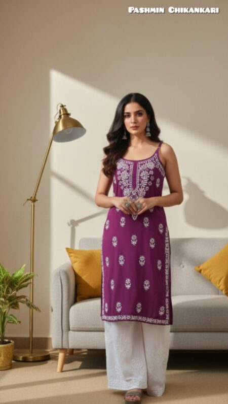 Chikankari Modal Cotton Noodle Strap Kurta