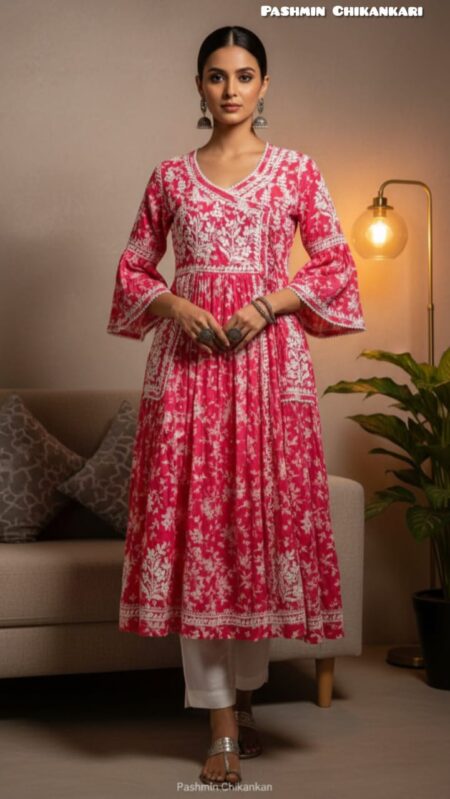 Chikankari Mulcotton Printed Angrakha With Front Pockets