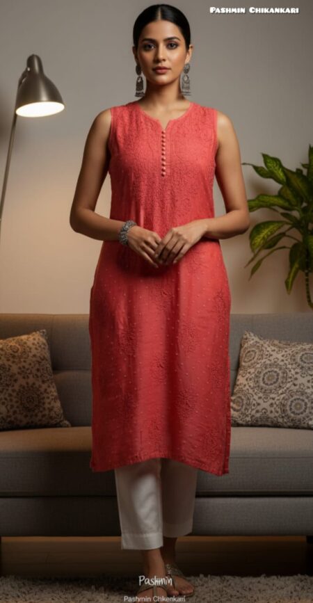Chikankari Muslin Banarasi Weave Sleeveless Kurta
