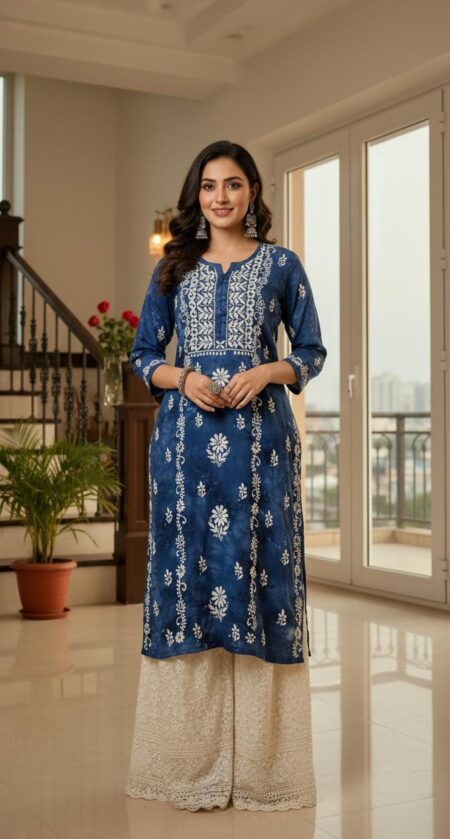 Blue Denim Style Chikankari Mulcotton Kurta