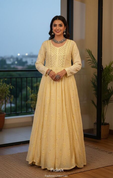 Ombre Yellow Chikankari Muslin Gown With Mukaish Work