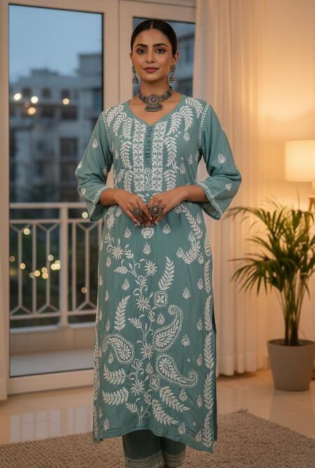 Sea Green Chikankari Premium Modal 3D Work Kurta