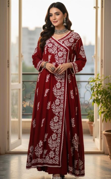 Maroon Chikankari Modal Cotton Plus Size Angarkha