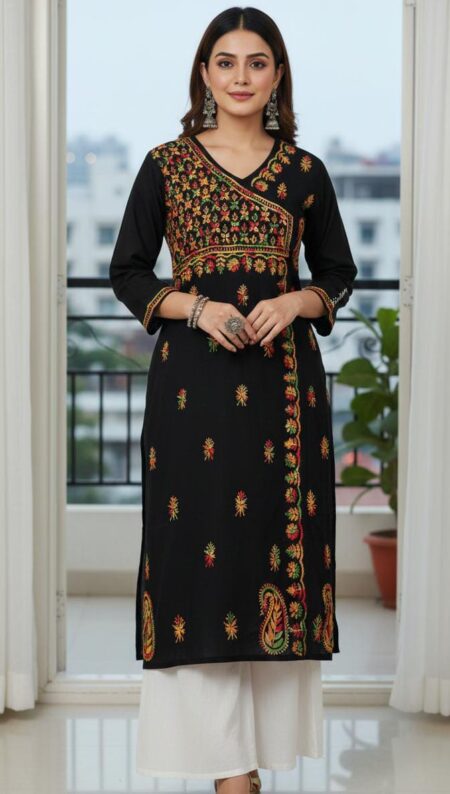Black Chikankari Cotton Angrakha Kurta With Multi Color Thread
