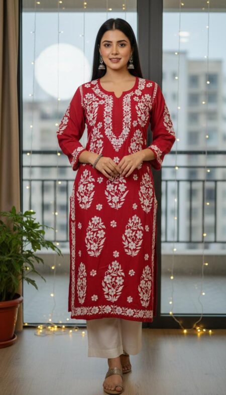 Maroon Chikankari Premium Modal With Heavy Work Kurta