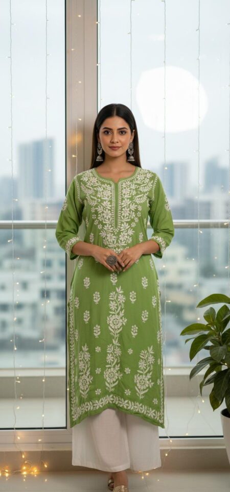 Green Chikankari 3 Bel Modal Kurta