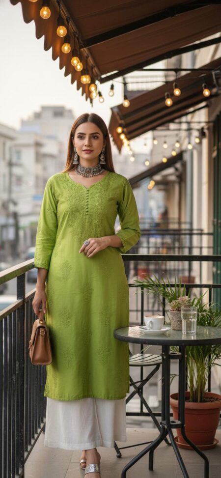 Chikankari Chanderi Tone to Tone Kurta With Golden Button