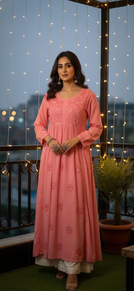 Chikankari Modal Cotton A-Line Kurta With Ring Mukaish