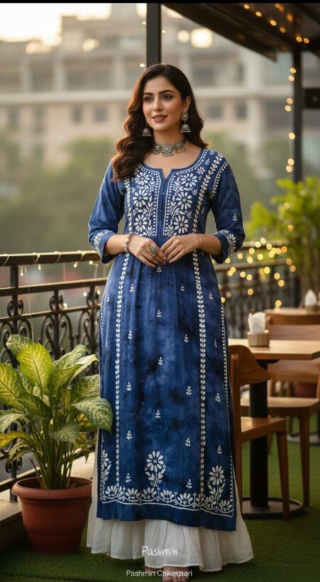 Blue Denim Style Chikankari Mulcotton Kurta