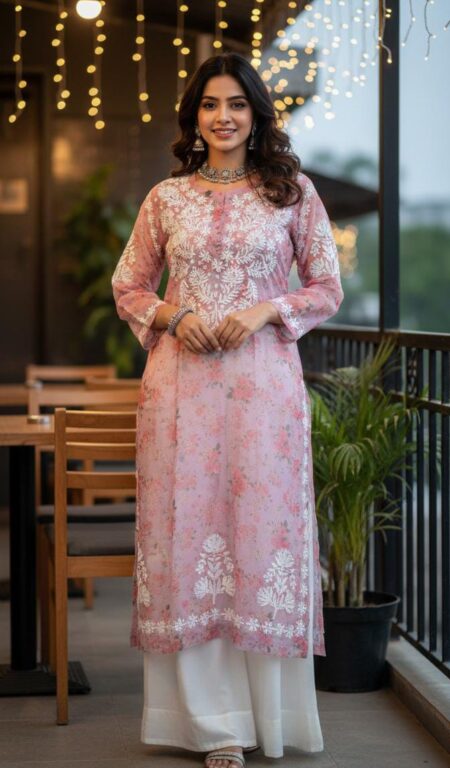 Chikankari Organza Kurta With Digital Print