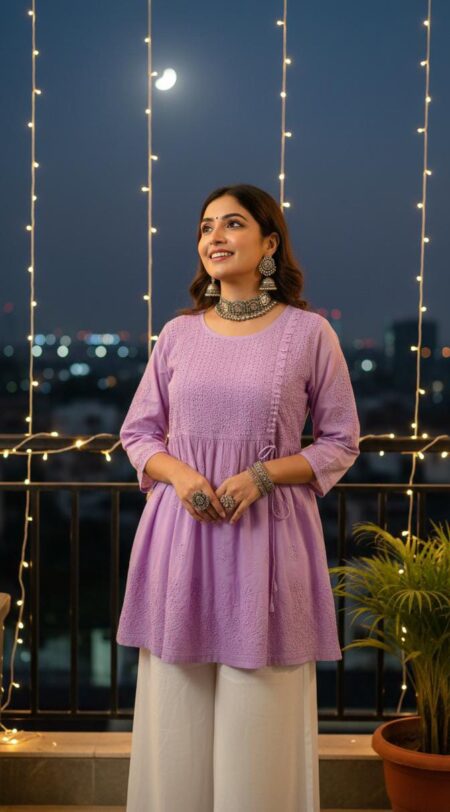 Purple Chikankari Angrakha Style Cotton Top With Mukaish