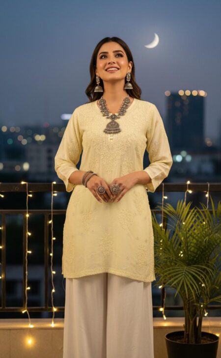 Chikankari Muslin Top With Banarasi Weave