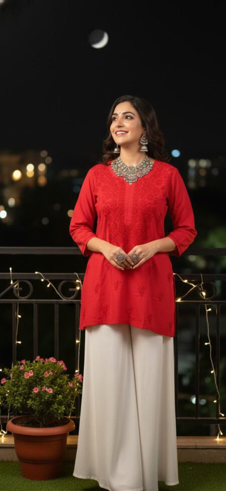 Red Chikankari Modal Tone to Tone Top
