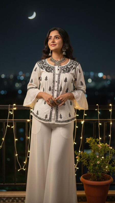 Black And White Chikankari Linen Shirt Style Top