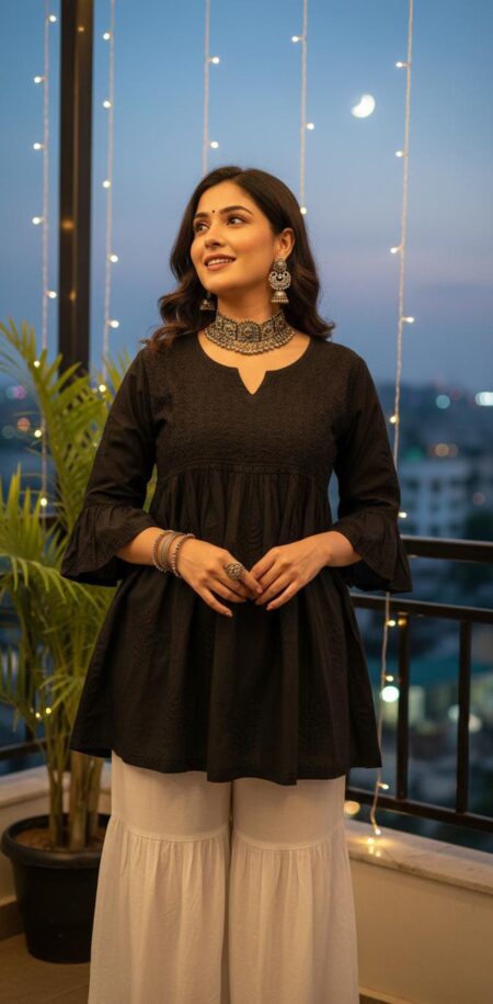Black on Black Chikankari Peplum Style Cotton Top