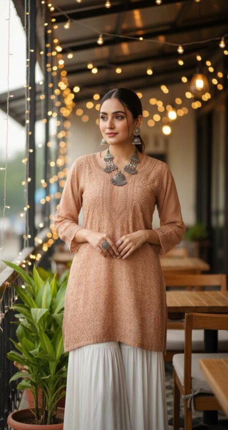 Beige Brown Chikankari Viscose Top