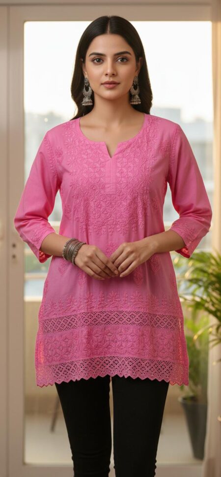 Chikankari Cotton Tone To Tone Tops With Lace