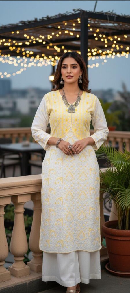 Yellow Chikankari Applique Work Koti Style Voile Cotton Kurta