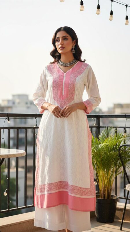 White Chikankari Voile Cotton Dual Tone Border Shadow Work Kurta