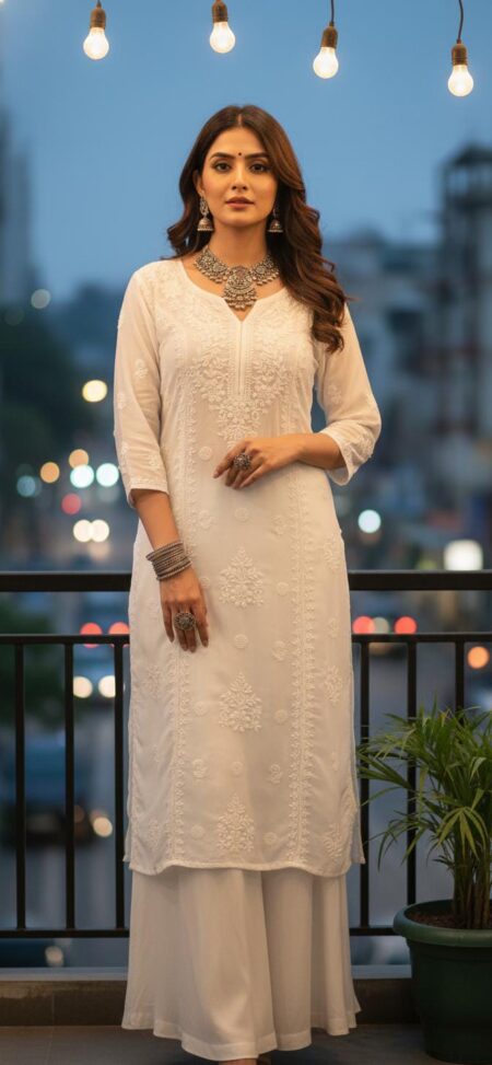 White Chikankari 3 Panel Satin Kurta