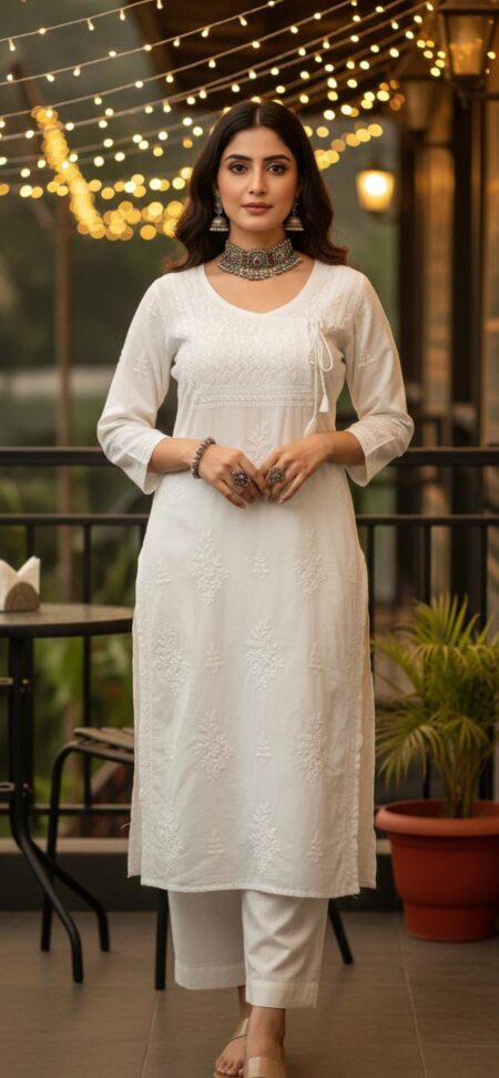 White Chikankari Mulcotton Angrakha Style Kurta