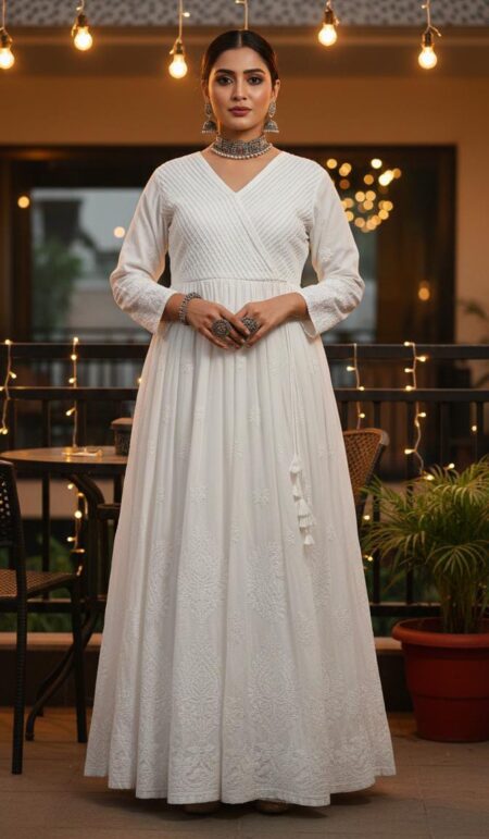 Chikankari Pintex Work Cotton Long Gown