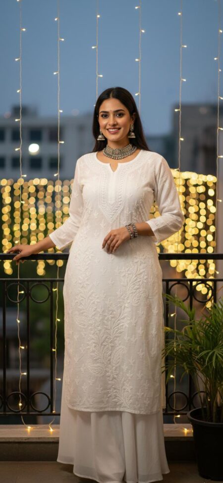 White Chikankari Viscose Kurta With Heavy Bel Work