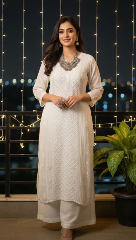White Chikankari Front Shadow Panel Pintex Work Viscose Kurta