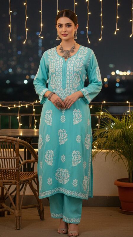 Chikankari Modal Cotton Plus Size Kurta Pant Set