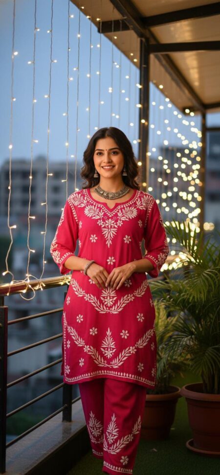 Chikankari Modal Cotton Double Bel Kurta Pant Co-ord set