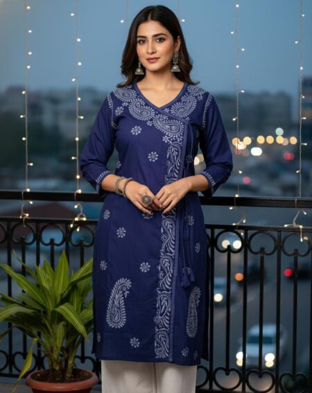 Blue Chikankari Denim Cotton Angrakha Kurta