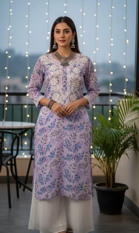 Chikankari Mulcotton Leaves Printed Kurta