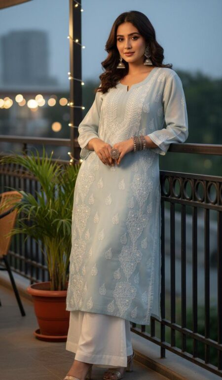 Grey Chikankari Voile Cotton 2 Bel Kurta
