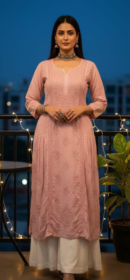 Onion Pink Chikankari Dobby Cotton Kurta Gown