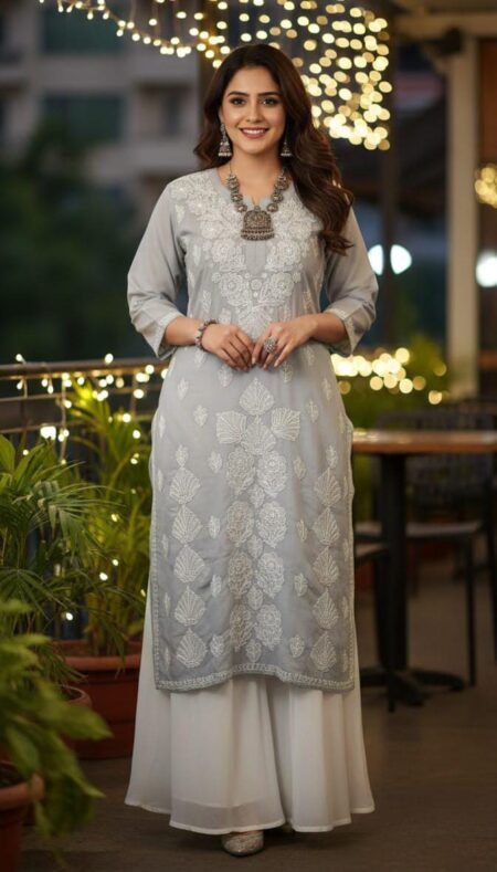 Grey Chikankari Voile Cotton Kurta