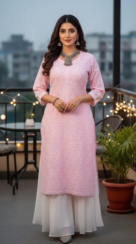 Pink Chikankari Voile Cotton Jaaldar Shadow Work Kurta