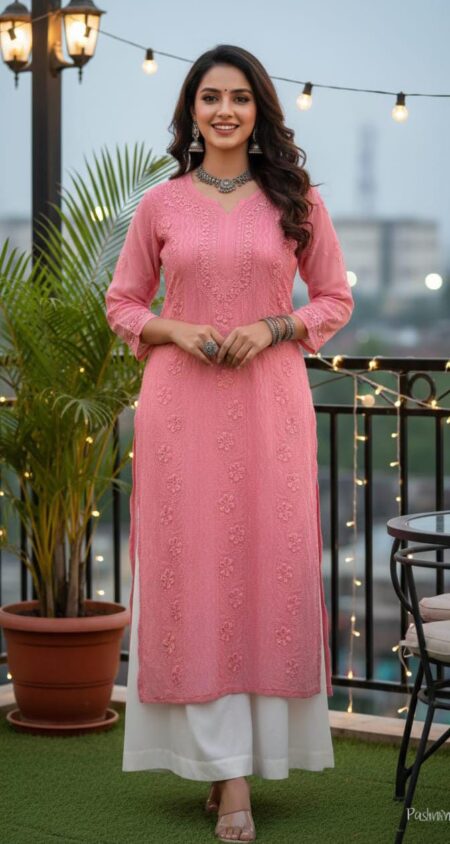 Onion Pink Chikankari Jaaldar Resham Work Viscose Kurta
