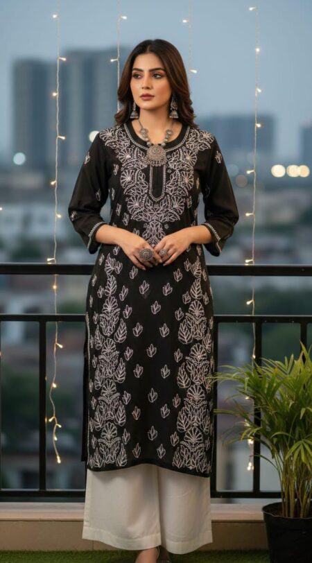 Black Chikankari Voile Cotton Shadow Work Kurta
