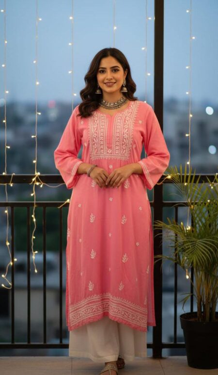 Pink Chikankari Premium Modal Plus Size Kurta