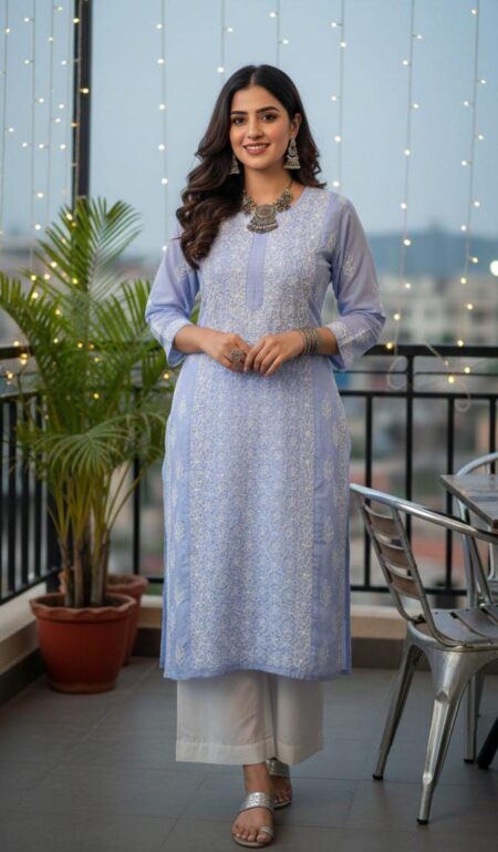 Purple Chikankari Voile Cotton Full Jaal Work Kurta