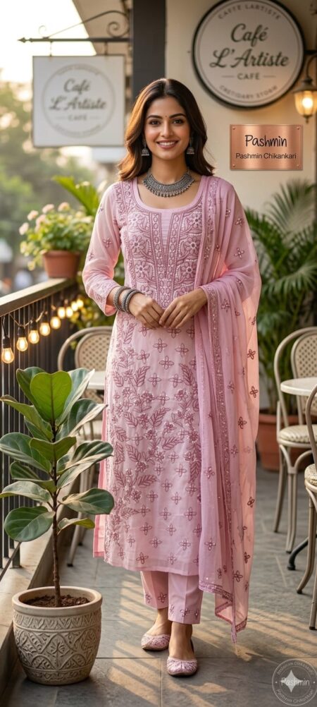 Onion Pink Chikankari Unstitched Dual Tone 3 Piece Suit Length